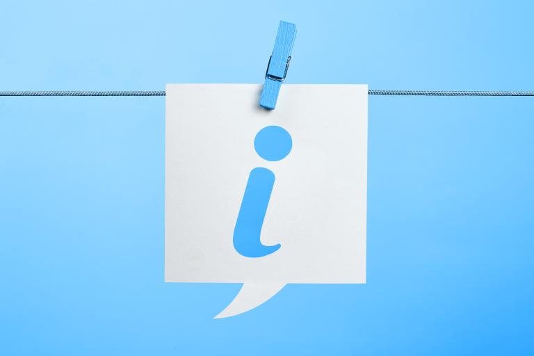 The letter, "i" representing information in a graphic speech bubble.