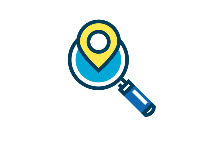 Graphic image of a magnifying glass with a location icon inside of it
